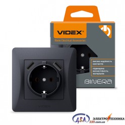  Videx Binera розетка 1-на з/з 2*USB чорна